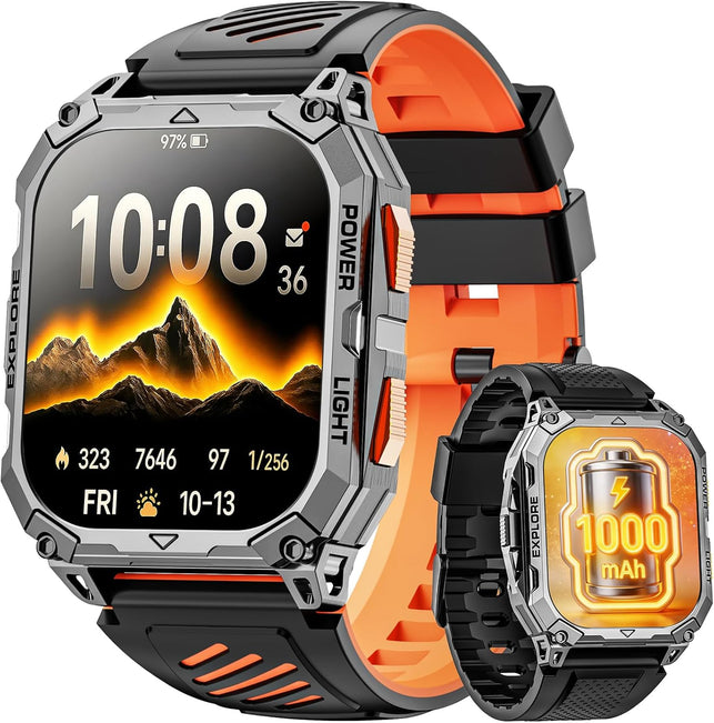 Smart Watches for Men, 2.01" HD Military Smart Watch with 1000Mah High-Capacity Battery/Led Flashlight/Answer/Make Call/Step Tracker, Fitness Tracker for Android/Iphone (Orange)