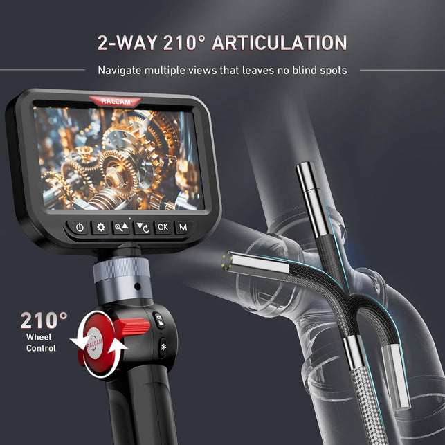 Ralcam 3.9Mm Two-Way Articulating Borescope, 5 Inch HD Industrial Endoscope Inspection Camera with Light, Stainless Steel Flexible Fiber Optic Scope Camera 0.15In Automotive Mechanics Tool