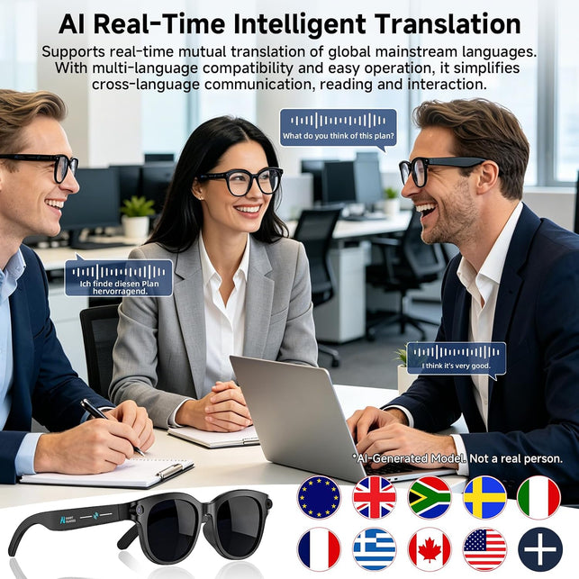 AI Smart Glasses with Camera, HD Bluetooth Camera Glasses with Audio, Video Recording Sunglasses for Women Men, Real Time Translation, Voice Assistant, Open Earbuds for Travel, Work Vlog