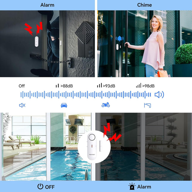TECKNET Door Alarms for Kids Safety, Window Alarm Pool Alarms Door Alarm for Home Security, 2-In-1 Alarm & Chime, 3-Level Volume Control, Wireless Alarm for House Hotel Cars Sheds Caravans (6 Pack)