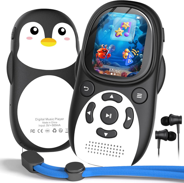 64GB Kids MP3 Player with Bluetooth 5.3, Cute Penguin, Speaker