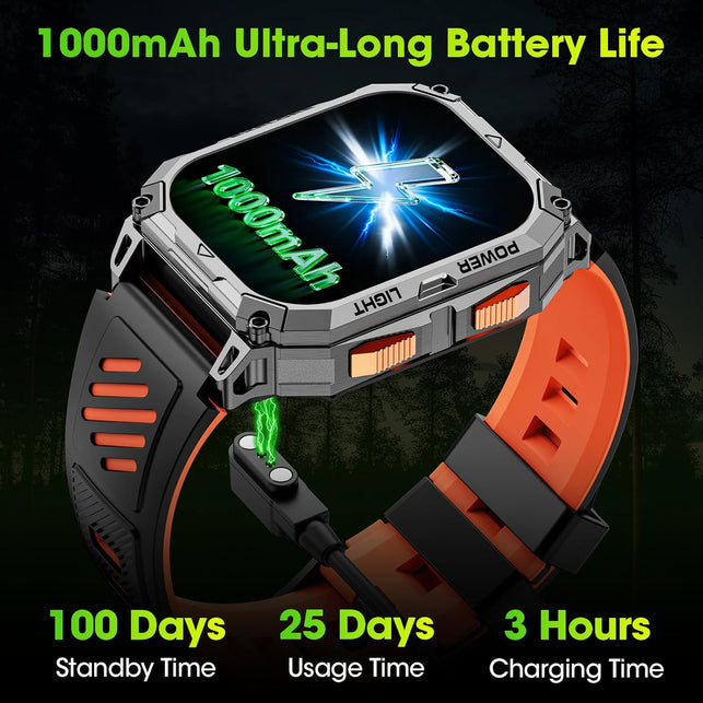 Smart Watches for Men, 2.01" HD Military Smart Watch with 1000Mah High-Capacity Battery/Led Flashlight/Answer/Make Call/Step Tracker, Fitness Tracker for Android/Iphone (Orange)