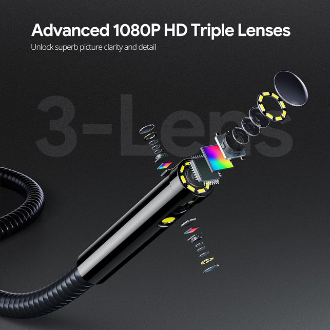 DEPSTECH Endoscope, 7'' IPS Screen Borescope Camera with Light, Triple-Lens Inspection Camera with Sound Recording, 1080P HD 7.9 Mm Snake Camera, 16.5Ft Gooseneck Camera for Automotive Wall Pipe HVAC