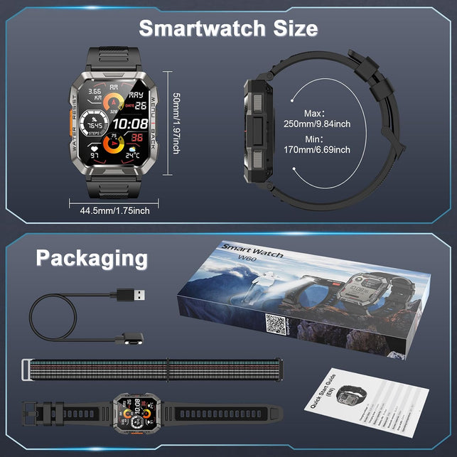 Military Smart Watch for Men(Answer/Make Call), Outdoor Sports Smartwatch with Flashlight/100 Days Battery/Compass/Heart Rate/Spo2/Sleep Monitor/2 Straps, Fitness Tracker for Iphone/Android Phones