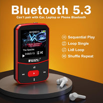 RUIZU 64GB Clip MP3 Player with Bluetooth 5.3, Portable Music Player with Voice Recorder for Sports Running, FM Radio, Pedometer, A-B Repeat, Audio Shuffle Playback, Support 128GB Micro SD Card, Red