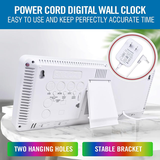 13.7" RGB LED Digital Wall Clock with Remote, Powered by AAA LR03 Batteries, Adjustable Brightness Timer for Home Office