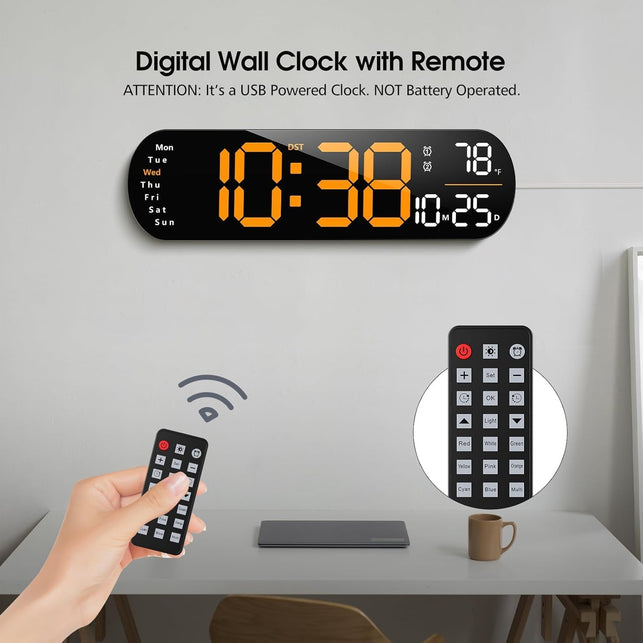 Digital Wall Clock, 14'' LED Digital Wall Clock with 9 Color Ambient Light
