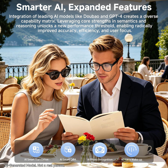 AI Smart Glasses with Camera, HD Bluetooth Camera Glasses with Audio, Video Recording Sunglasses for Women Men, Real Time Translation, Voice Assistant, Open Earbuds for Travel, Work Vlog