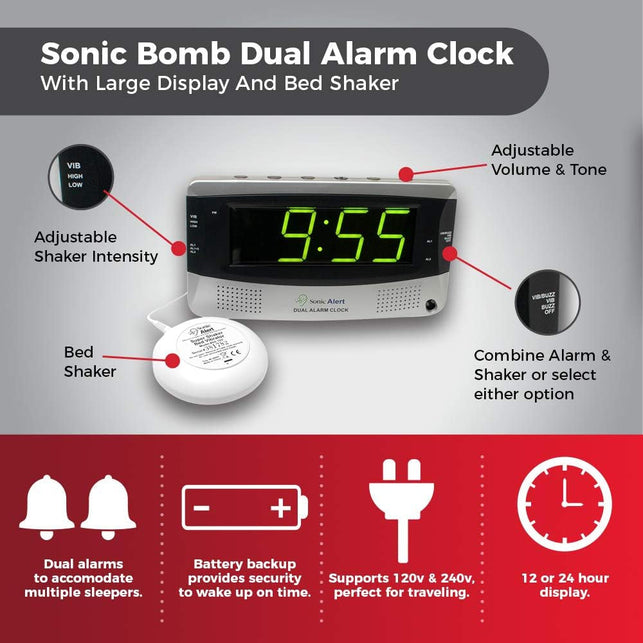 Sonic Alert 0 Sonic Bomb Extra Dual Alarm Clock with Large Display-Sbd375Ss, Silver