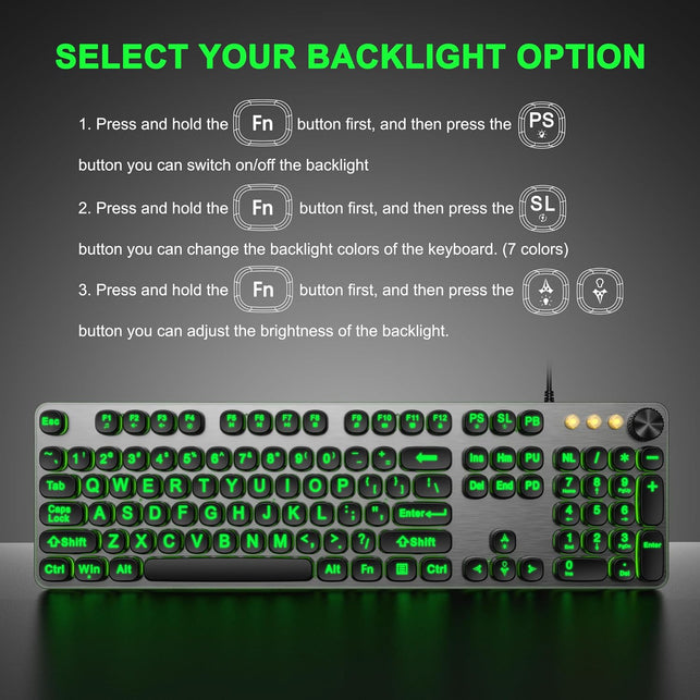 QUASIO Large Print Backlit Keyboard with 7-Color Backlit, Wired USB Lighted Computer Keyboards Oversize Letters Keys Easy to See, Illuminated Keyboard for PC, Laptop,Windows Desktop