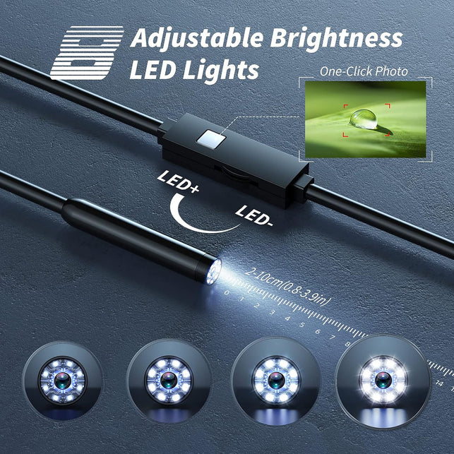 Kinpthy Endoscope Camera with Light,1920P HD Borescope Tools with 8 Adjustable LED Lights, Endoscope with Semi-Rigid Snake Camera, Inspection Borescope for Ios and Android-16.4Ft Single Lens
