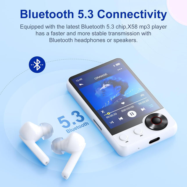 Joliker 128GB MP3 Player with Upgrade Bluetooth 5.3, Portable High Fidelity Lossless Music Player, 2.4IN Full Touchscreen MP3 Player with Built-In HD Speaker, Dual Headphone Ports, FM Radio, Recording, E-Book