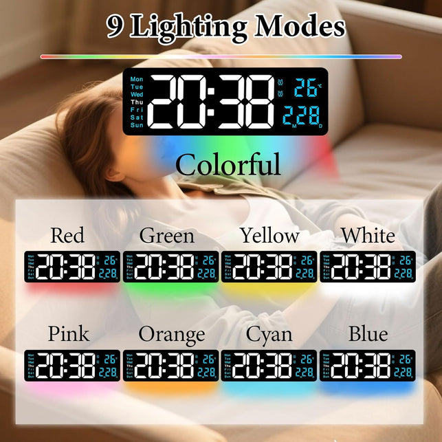 Oolong 16 Inch Large Digital Wall Clock,Led Display with Remote,8 RGB Ambient Light,10-Level Auto & Manual Dimmer,Countdown Timer,Temperature Date,12/24H for Living Room Bedroom Kitchen Seniors Kids