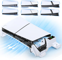 Ps5/Slim/Pro Horizontal Stand and Cooling Station with Controller Charging Station for Playstation 5 Console, Scalable PS5 Stand with 3-Level Cooling Fan, PS5 & Edge Controller Charger Accessories Kit