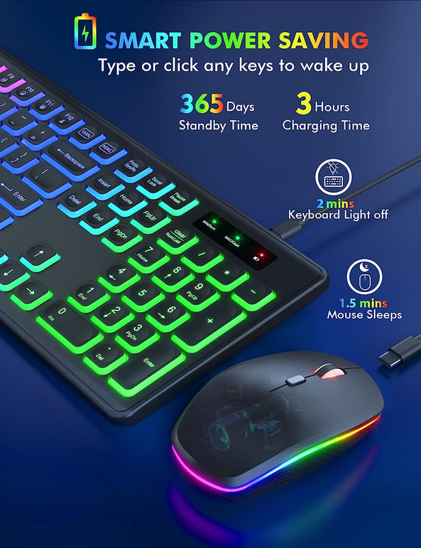 Wireless Keyboard and Mouse Combo - RGB Backlit, Rechargeable & Light up Letters, Full-Size, Ergonomic Tilt Angle, Sleep Mode, 2.4Ghz Quiet Keyboard Mouse for Mac, Windows, Laptop, PC, Trueque