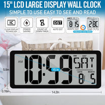 15" Large Digital Wall Clock Battery Operated, Digital Clock Display with Day, Date & Temperature, Large Wall Clock for Bedroom, Livingroom, Office(4.6" Numbers)