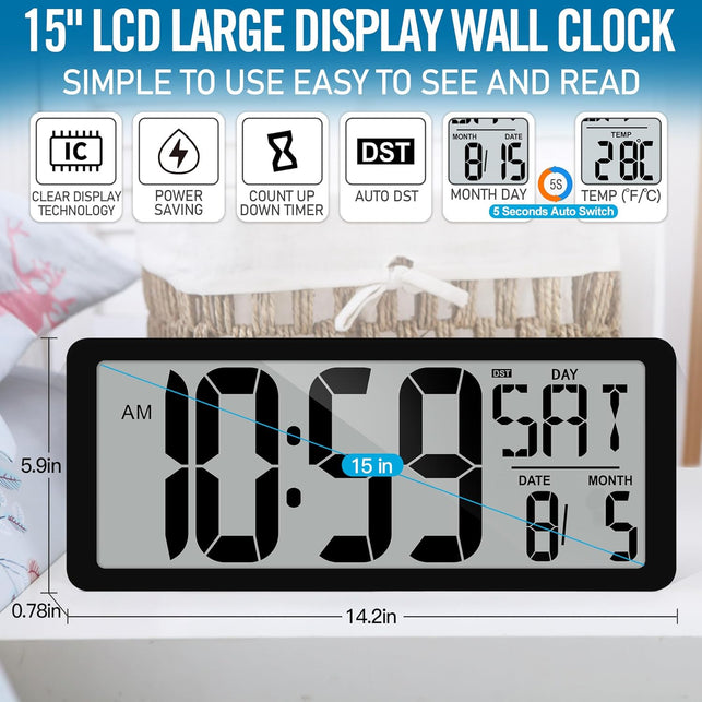 15" Large Digital Wall Clock Battery Operated, Digital Clock Display with Day, Date & Temperature, Large Wall Clock for Bedroom, Livingroom, Office(4.6" Numbers)