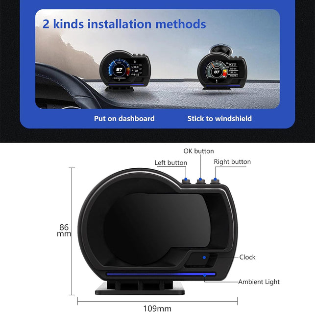 Car HUD Head up Display P6, OBD+GPS Smart Gauge, Works Great for Most Cars (Black)