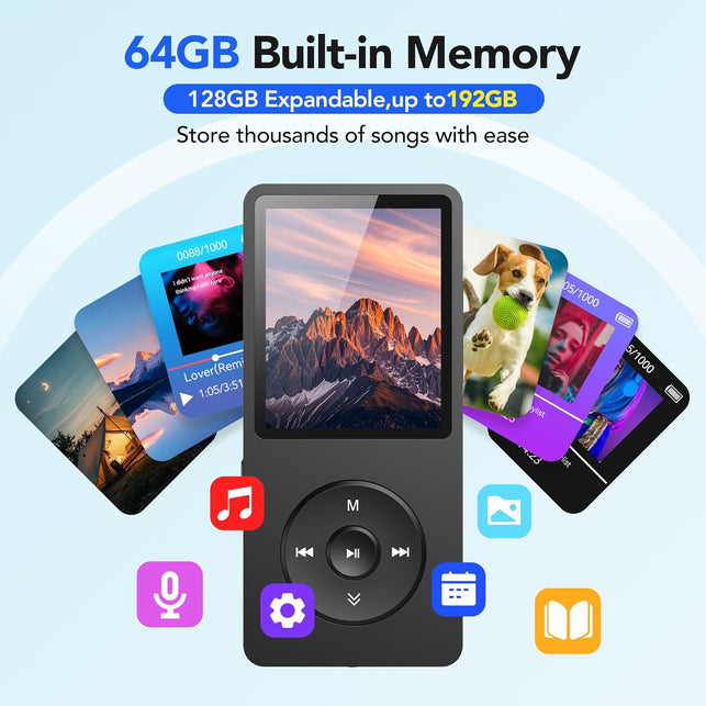 AGPTEK A02PL 64GB MP3 Player, 70 Hours Playback Lossless Sound Music Player, Supports up to 128GB, Black