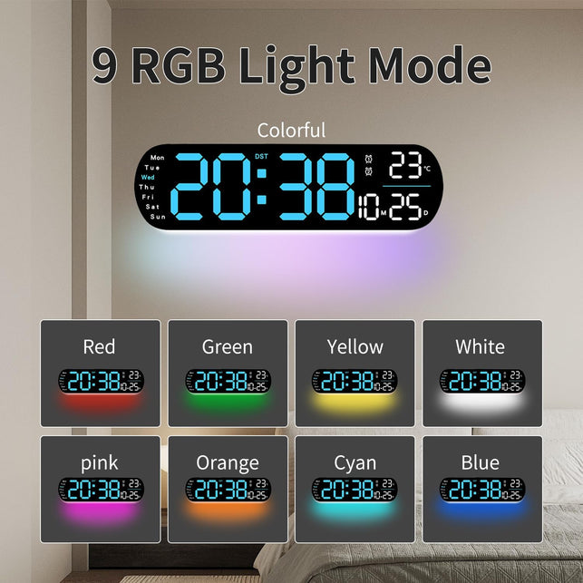 Digital Wall Clock, 14'' LED Digital Alarm Clock with 9 Color Ambient Light