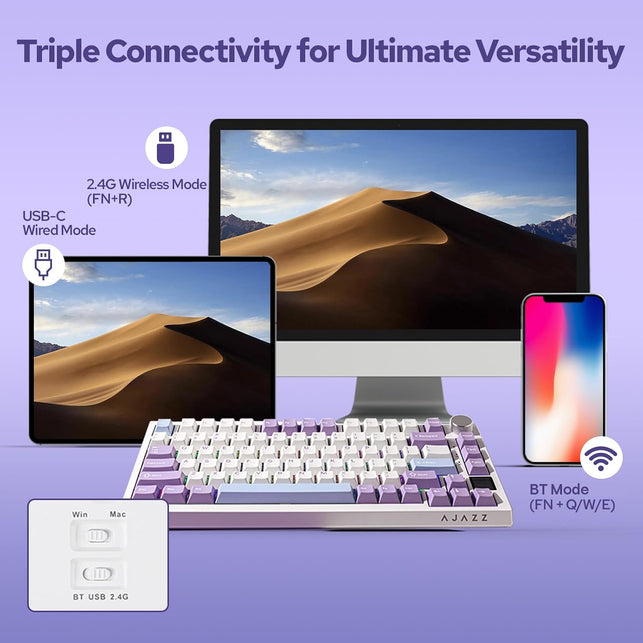 EPOMAKER Ajazz AK820 Pro 75% Gasket-Mounted Mechanical Keyboard with TFT Screen, 3 Modes(Bt/2.4G Wireless & Type-C Wired), Sound Dampening Foams (White Purple, Ajazz Gift Switch)