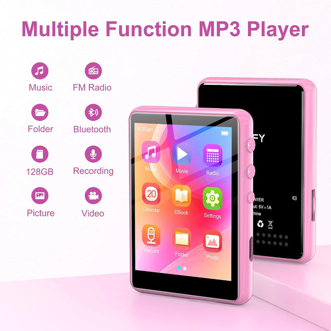 128GB MP3 Player with Bluetooth 5.4 - SWOFY M4 Portable Music Player with Hifi Speaker, 2.4" Touch Screen with Voice Recorder, FM Radio,E-Book, Support up to 512GB SD Card Earphones Included Pink