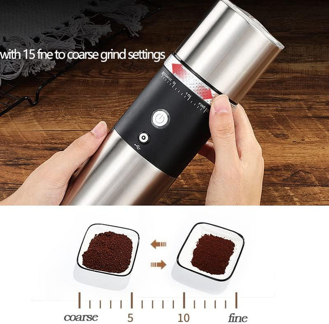 Electric Conical Burr Coffee Grinder Battery Portable Cordless Rechargeable Espresso Coffee Bean Grinder Travel Coffee Maker with 15 Fine to Coarse Grind Settings for Home Use (Black)