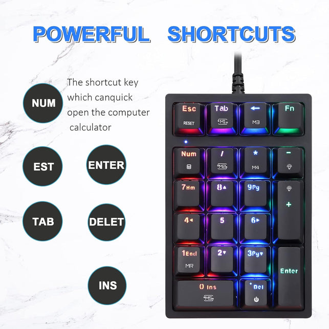 MOTOSPEED Macro Mechanical Numeric Keypad USB Wired 21 Keys Mini Numpad Portable Keypad RGB Backlight Gaming Keypad Extended Layout for Cashier(Fully Programmable Keys)