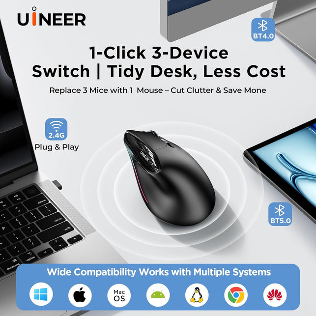 Uineer Ergonomic Wireless Vertical Mouse - Tri - Color Breathing Lights, BT5.0/4.0/2.4G Bluetooth, Rechargeable with Battery Indicator - Ideal for Home & Office (Black)
