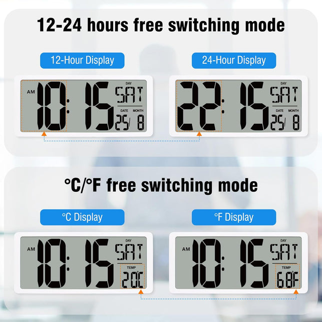 15" Large Digital Wall Clock Battery Operated, Digital Clock Display with Day, Date & Temperature, Large Wall Clock for Bedroom, Livingroom, Office(4.6" Numbers)