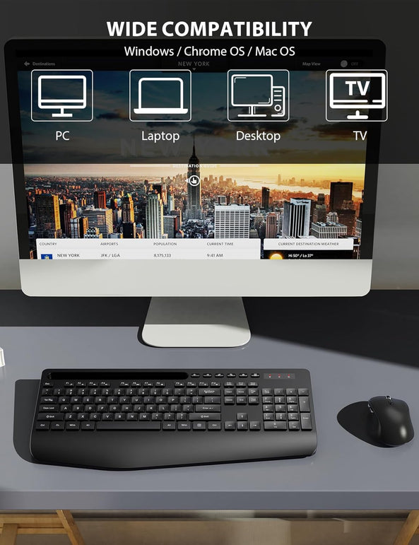 Wireless Keyboard and Mouse Combo - Full-Sized Ergonomic Keyboard with Wrist Rest, Phone Holder, Sleep Mode, Silent 2.4Ghz Cordless Keyboard Mouse Combo for Computer, Laptop, PC, Mac, Windows -Trueque