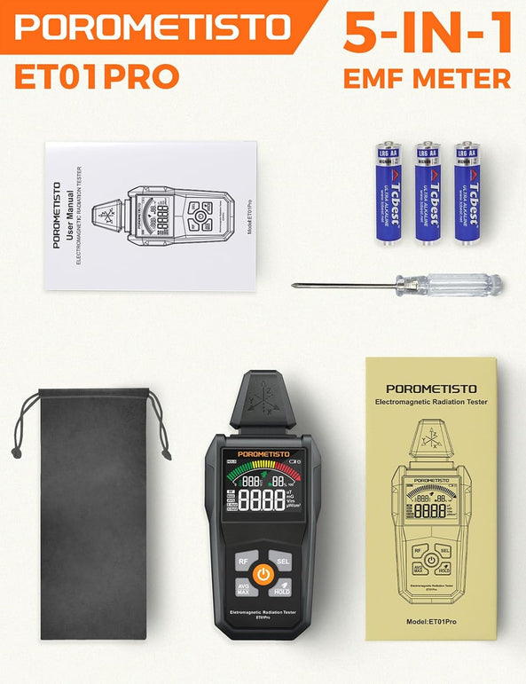 EMF Meter Radiation Detector, Et01Pro EMF Detector, 5-In-1 Electromagnetic Field & Radio Frequency Detector for Home & Office EMF Inspections,Ghost Hunting Equipment