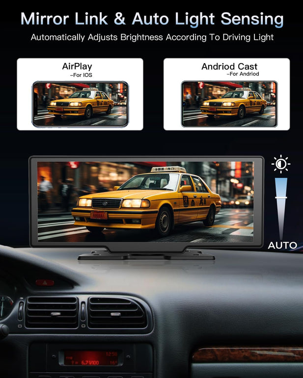 Portable Wireless Carplay Touchscreen for Car: 4K Apple Carplay & Android Auto Car Play Screen with 4K Dash Cam/1080P Rear Camera/Gps Navigation/Bluetooth/Mirror Link/Airplay - 10.26 Inches