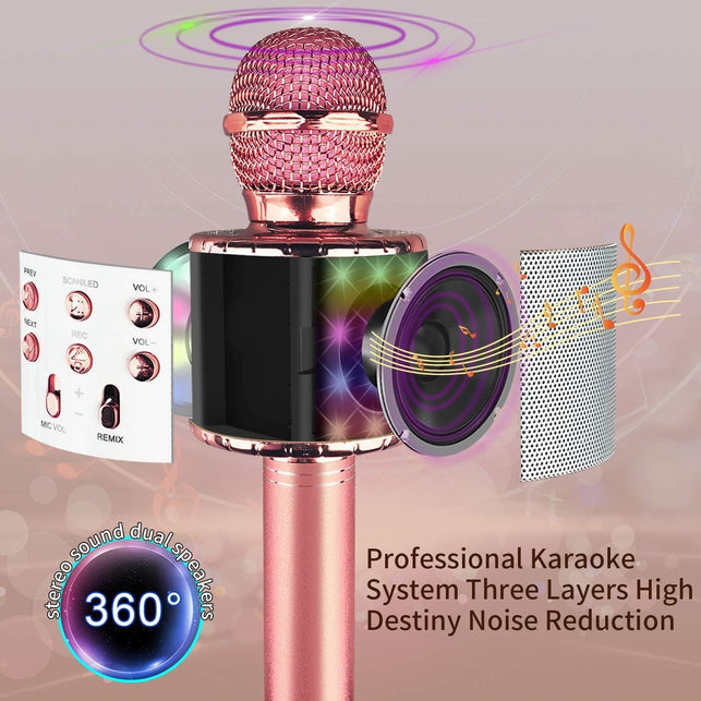 Wireless Bluetooth Karaoke Microphone with Controllable LED Lights, Xkey 4 in 1 Portable Karaoke Machine Speaker for Android/Iphone/Pc, Best Gifts Toys for Girls & Boys (Rose Gold)