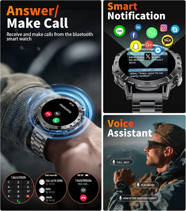 EF18 Military Smart Watch for Men, 1000 Mah Large Battery, 1.7″ HD Smartwatch with LED Flashlight/100+ Sport Modes Fitness Tracker, IP68 Waterproof Smart Watches for Android Ios (3 Straps)