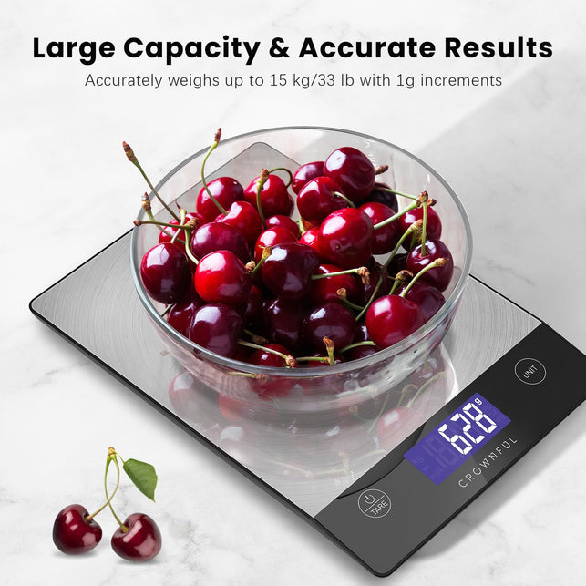 Crownful Food Scale - 15Kg Digital Kitchen Scale, Rechargeable, Sliver