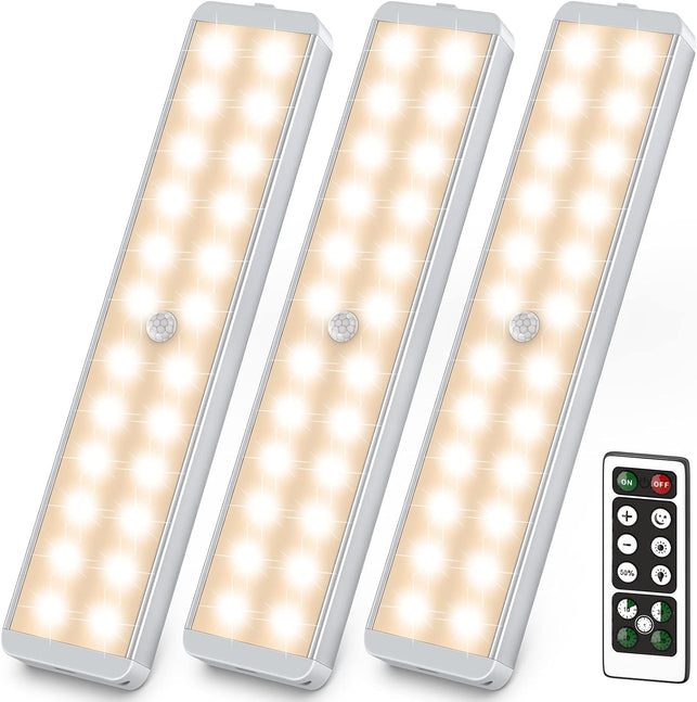 LED Closet Light, 24-LED Dimmer Rechargeable Motion Sensor Closet Light under Cabinet Wireless Stick-Anywhere Night Safe Light Bar for Stairs, Wardrobe,Kitchen (3 Packs)