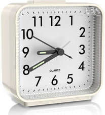 Analog Alarm Clock, Bedside Silent Alarm Clocks Battery Powered, Non Ticking Travel Clock with Night Light, Snooze, Easy Set, Clock for Heavy Sleepers Kids Elder Travel Bedroom Office, White