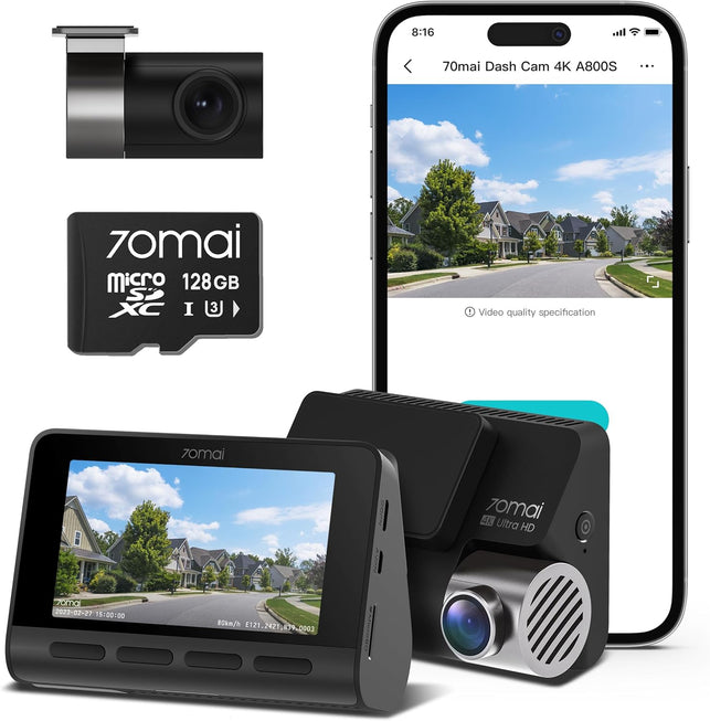 70Mai 4K Dash Cam A800S with Sony IMX415, Front and Rear,With Free 128GB SD Card, Built in GPS, Super Night Vision, 3'' IPS LCD, 24H Parking Mode, ADAS, Loop Recording, Ios/Android App Control