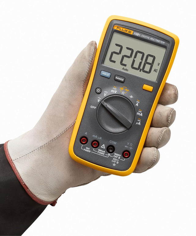 Fluke 15B+ Digital Multimeter, for Electrical Applications, Measures AC/DC Voltage and Current Measurements up to 1000V and 10A, along with Resistance, Continuity, Diode, and Capacitance Capabilities