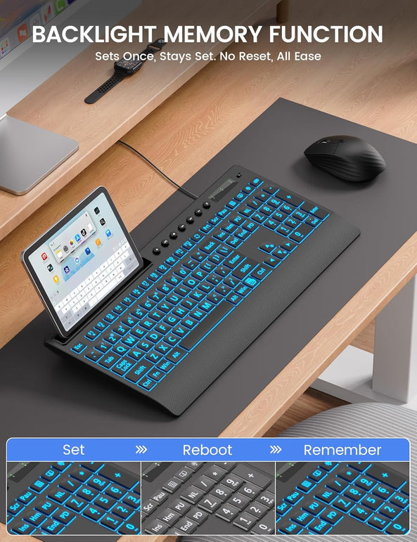 SABLUTE Large Print Backlit Keyboard, USB Wired Computer Keyboard with Backlight Memory Function, Wrist Palm, 7-Color Lighted Office Home Keyboards,Light up Keyboard for Windows Desktop, Laptop, PC