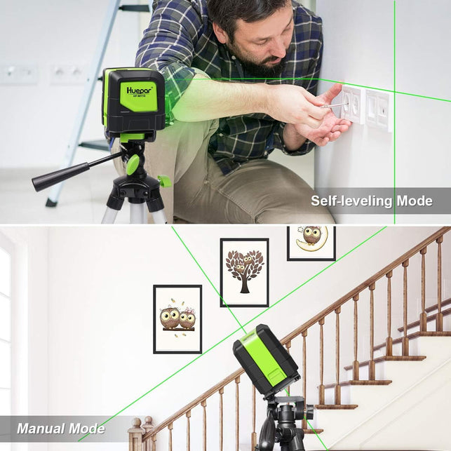 HUEPAR Laser Level Self-Leveling - 100 Feet DIY Bright Green Cross Line Laser Leveler for Picture Hanging, Tile, Decoratio and Construction Indoor Project, 360° Magnetic Base & Battery Included