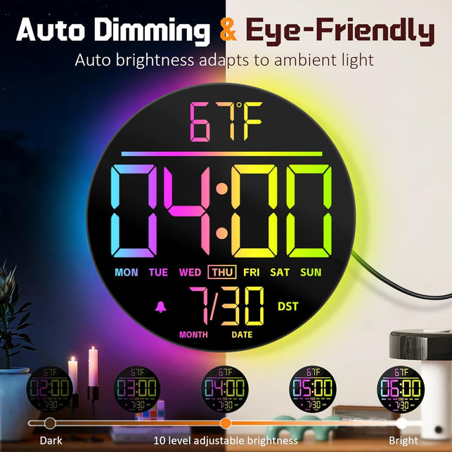 10 Inch(25Cm) Digital Wall Clock with Temperature & Date, Large LED Digits, Auto DST, RGB Display, Seconds, Auto Dimming, Alarm & Countdown for Gym, Bedroom & Office