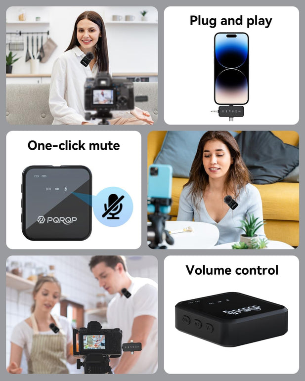 PQRQP 3 in 1 Microphone for Iphone/Android/Camera, Wireless Microphones, 328Ft Transmission, 18H Battery Life, Mini Microphone for Record Interview, Vlogs, Tiktok