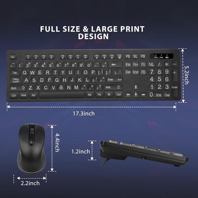 Wireless Keyboard and Mouse - Large Print Wireless Keyboard, KOPJIPPOM 2.4G Full Size Keyboard and Mouse Set with Big Letters and Backlight Key for Seniors, Compatible for Windows, Laptop, PC, Black