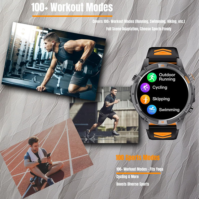 Bostbo Military Smart Watch,1.46" IPS Screen,Bluetooth Call, Smart Watches for Men,100+ Sport Modes for Men,Ip68 Waterproof，Compass with Flashlight Compatible with Ios & Android, Built-In GPS