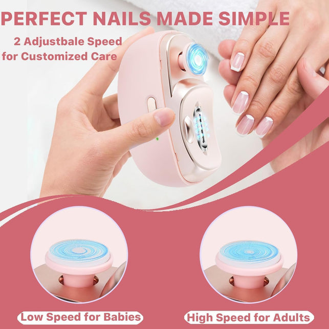 Electric Nail Clipper with LED Light, 2-Speed Automatic Nail Trimmer and Polisher, USB-C Charging, Child Safety Lock for Babies, Adults, Seniors, Pink