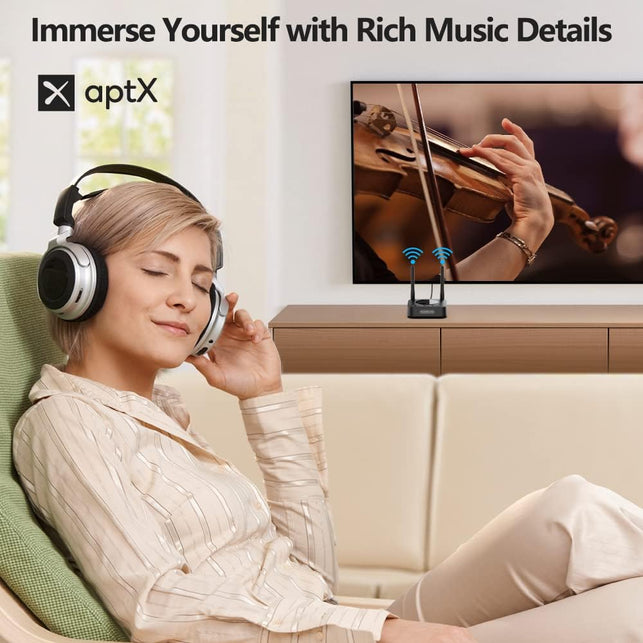 1Mii B06TX+ Long Range Bluetooth 5.2 Transmitter for TV/PC to 2 Wireless Headphones/Speakers, Bluetooth Adapter for TV W/Screen Display Plug N Play, Aptx Low Latency & HD Audio