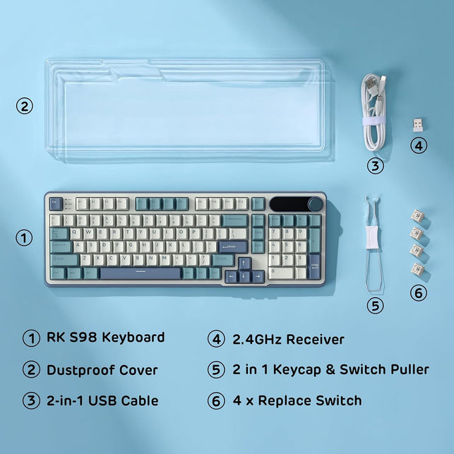 RK ROYAL KLUDGE S98 Mechanical Keyboard W/Smart Display & Knob, Top Mount 96% Wireless Mechanical Keyboard BT/2.4G/USB-C, Hot Swappable, Software Support, Massive Battery, 98 Keys