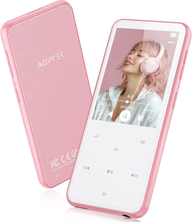 AGPTEK 64GB MP3 Player with Bluetooth, M3 2.4 Inch Music Player with Speaker and FM Radio, Touch Buttons, Supports up to 128GB, Pink